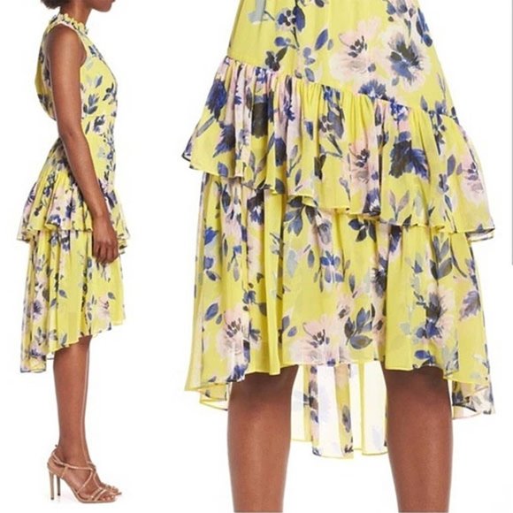 NEW Eliza J Floral Asymmetric Tiered Dress Plus 18 Citrus Yellow Halter - Picture 3 of 16